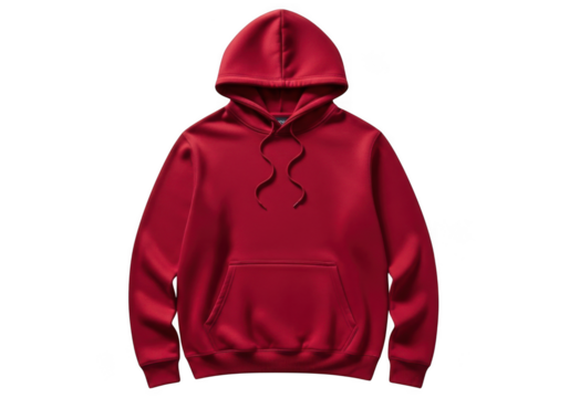Plain solid red color pullover hoodie sweatshirt with hood and front pocket isolated on transparent background