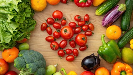 Heart shape made of fresh cherry tomatoes surrounded by colorful healthy vegetables