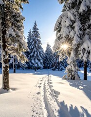 Snowy forest scene with sunburst, leading tracks into the winter trees