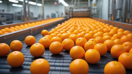 Fresh oranges moving on a conveyor belt in a food processing plant
