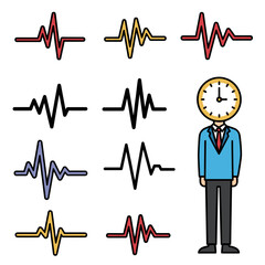Heartbeat waves with tall cartoon clock person