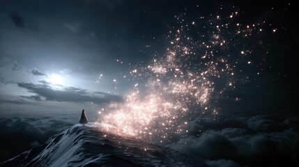A lone person stands on a snowy mountain peak, gazing at a celestial display of glowing lights in a dark, dramatic sky filled with clouds.