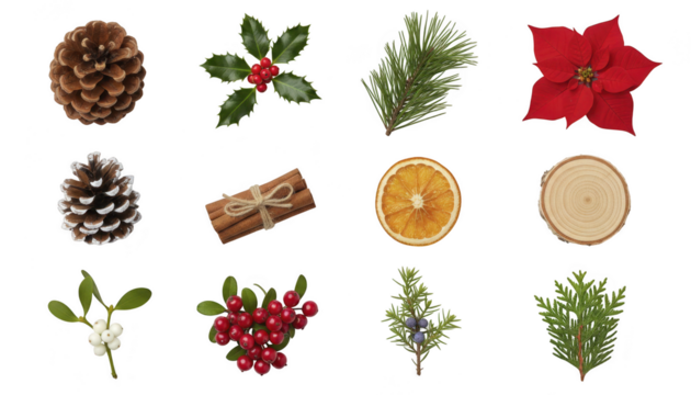 Collection of christmas and winter holiday decoration elements isolated on transparent background for crafting and design