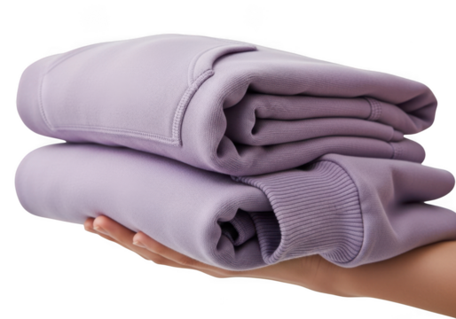 A person holding two neatly folded lavender purple crewneck sweatshirts or hoodies isolated on transparent background