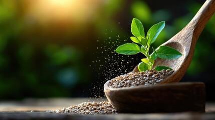A young plant sprouts from seeds in a wooden spoon, set against a blurred green background, illuminated by sunlight.