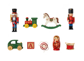 Collection of traditional wooden toys including nutcracker soldier, train, rocking horse, car, block, target, matryoshka doll, and drum isolated on transparent background