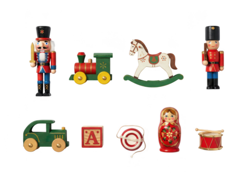 Collection of traditional wooden toys including nutcracker soldier, train, rocking horse, car, block, target, matryoshka doll, and drum isolated on transparent background - Powered by Adobe