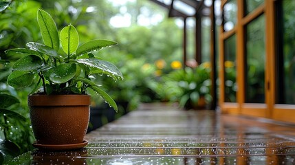 A potted plant with water droplets sits on a wet wooden deck, with a blurred background of greenery and a window. The image conveys a sense of freshness and tra