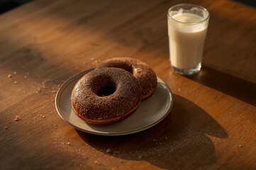 Sun-Kissed Chocolate Donuts and Milk in Warm, Dappled Morning Light.