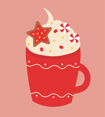 Red Christmas cup with whipped cream, lollipops, sprinkles and gingerbread cookie. Vector flat illustration.