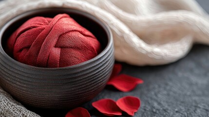 Close-up shot of a dark bowl containing a red fabric ball, with red petals and a white blanket on a dark surface.