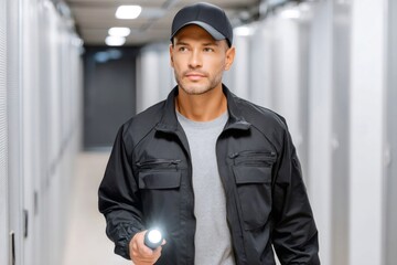 Security guard inspecting server room with flashlight