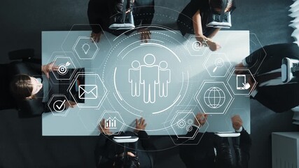 A diverse group of professionals engages in a business meeting using virtual reality technology. The setting showcases collaboration and innovative solutions in a modern workspace. Raster - Powered by Adobe