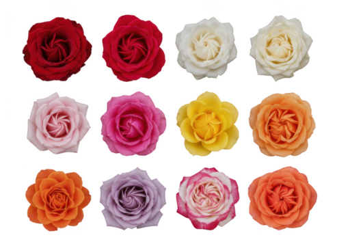 Collection of twelve beautiful rose flower heads in various vibrant colors like red, white, pink, yellow, and orange, isolated on transparent background