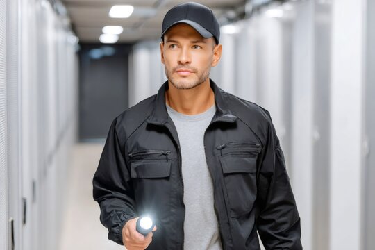 Security guard inspecting server room with flashlight
