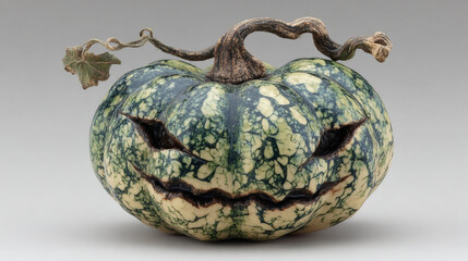 Faintly glowing gourd with ink-streak eyes and melted slot mouth on white