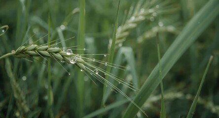 Macro Shot - Fresh Green Grain Ear Adorned with Sparkling Dew Drops.