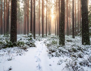 Snowy forest scene with tall trees, path, and bright sunlight