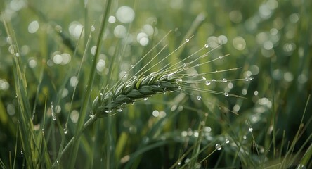 Close-Up of Dew-Kissed Wheat Stalks in Lush Green Field, Bokeh Effect.