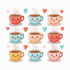 Obraz premium A charming collection of nine kawaii-style coffee and tea mugs, each with a cute smiling face and floating hearts on a white background