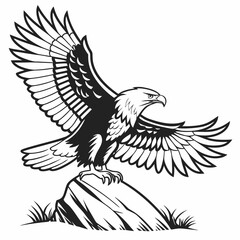 Black and white eagle landing on rock with wings spread