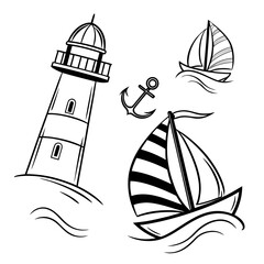 Black and white vector illustration of lighthouse sailboat and anchor