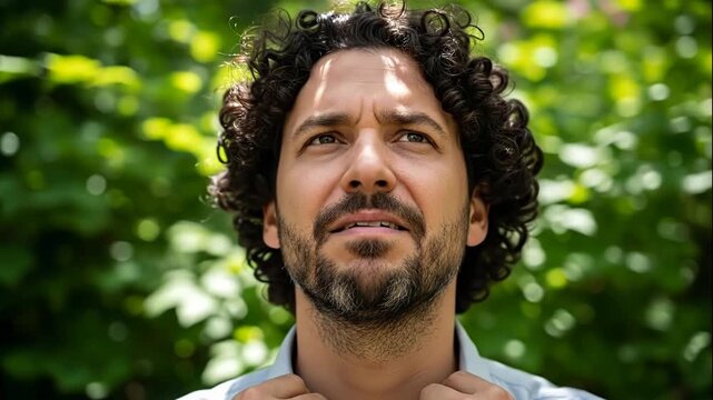 Man with dark curly hair and beard looking upward with sunlight highlighting his face against a blurred green foliage background