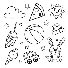 Black line doodle icons of summer fun and treats black and white