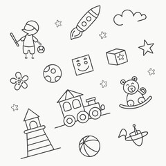 Black line doodle icons of toys and playful elements
