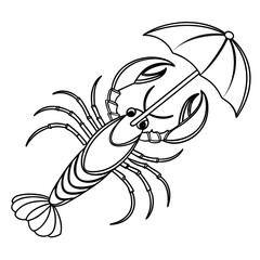 Black line drawing of a lobster holding an umbrella