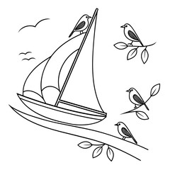 Black line drawing of sailboat with birds on branches