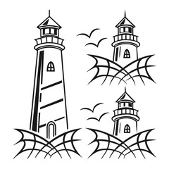Black line vector lighthouses and seagulls beacon tower