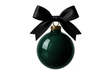 Green christmas ornament hanging with black ribbon bow
