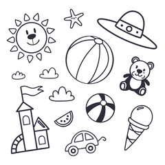 Black outline doodle icons of summer and play objects