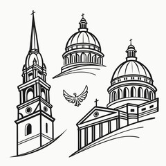 Black line vector icons of churches and a dove building