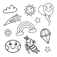 Black outline doodle icons happy sun cloud rainbow balloons