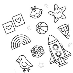 Black outline doodle icons of toys and food black and white