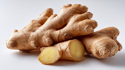A close up shot of several ginger roots, one sliced, on a white surface with soft lighting