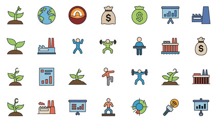 Diverse Icon Set for Business, Environmental Growth, Industry, and Human Activity