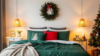 Cozy Christmas Bedroom Interior with Wreath and Tree