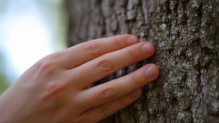 A hand gently touching the tree bark texture in extreme close-up. Mindful connection with the present moment through sensory awareness. - Powered by Adobe