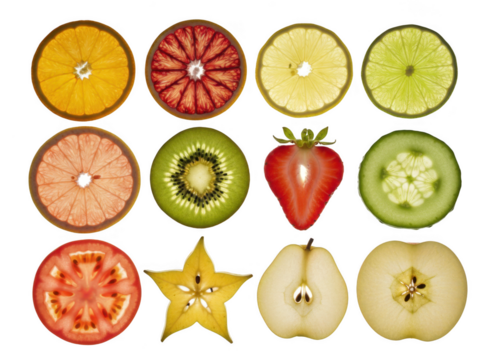 Collection of twelve different fruit and vegetable slices arranged in a grid, isolated on transparent background