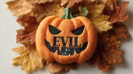 Fall leaf design with evil carved pumpkin and scary text sign on white background