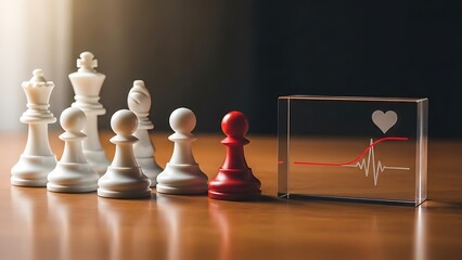 Chess Pieces with Heartbeat Symbolism for Health and Strategy