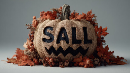 Fall leaf design with evil carved pumpkin and scary text sign on white background