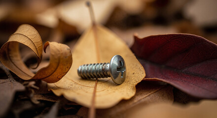 Tiny metal screw lying among dry leaves, soft focus