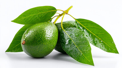 Two fresh avocados with green leaves and water droplets on a white background surface view