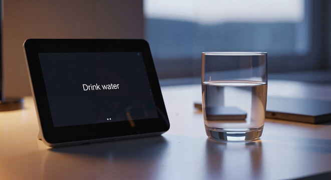Smart display showing message “Drink water” in calm font, glass of water  