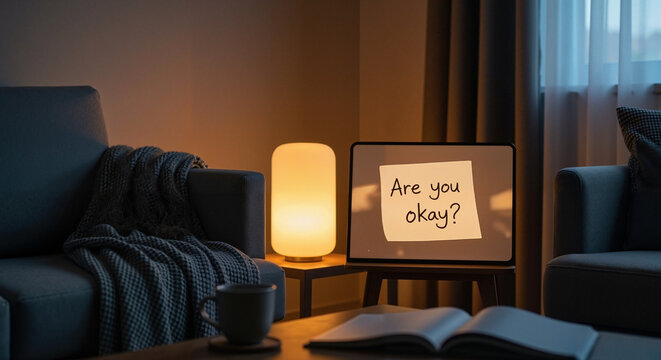 Cozy living room with note saying "Are you okay?" and lamp  