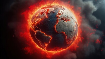 Earth engulfed in flames, symbolizing global warming. Dark background with glowing fire
